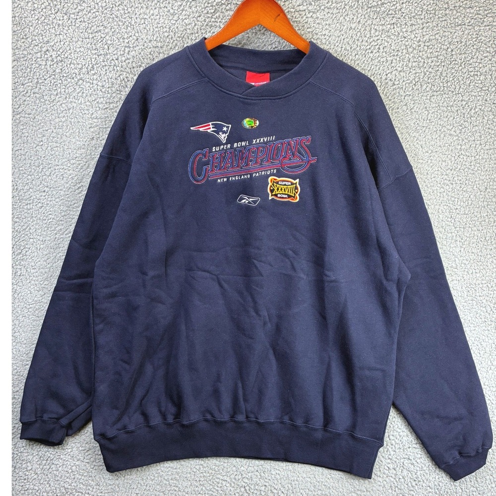 Reebok Patriots Super Bowl XXXVIII Crewneck Sweatshirt Mens 2XL Navy Blue Sporty